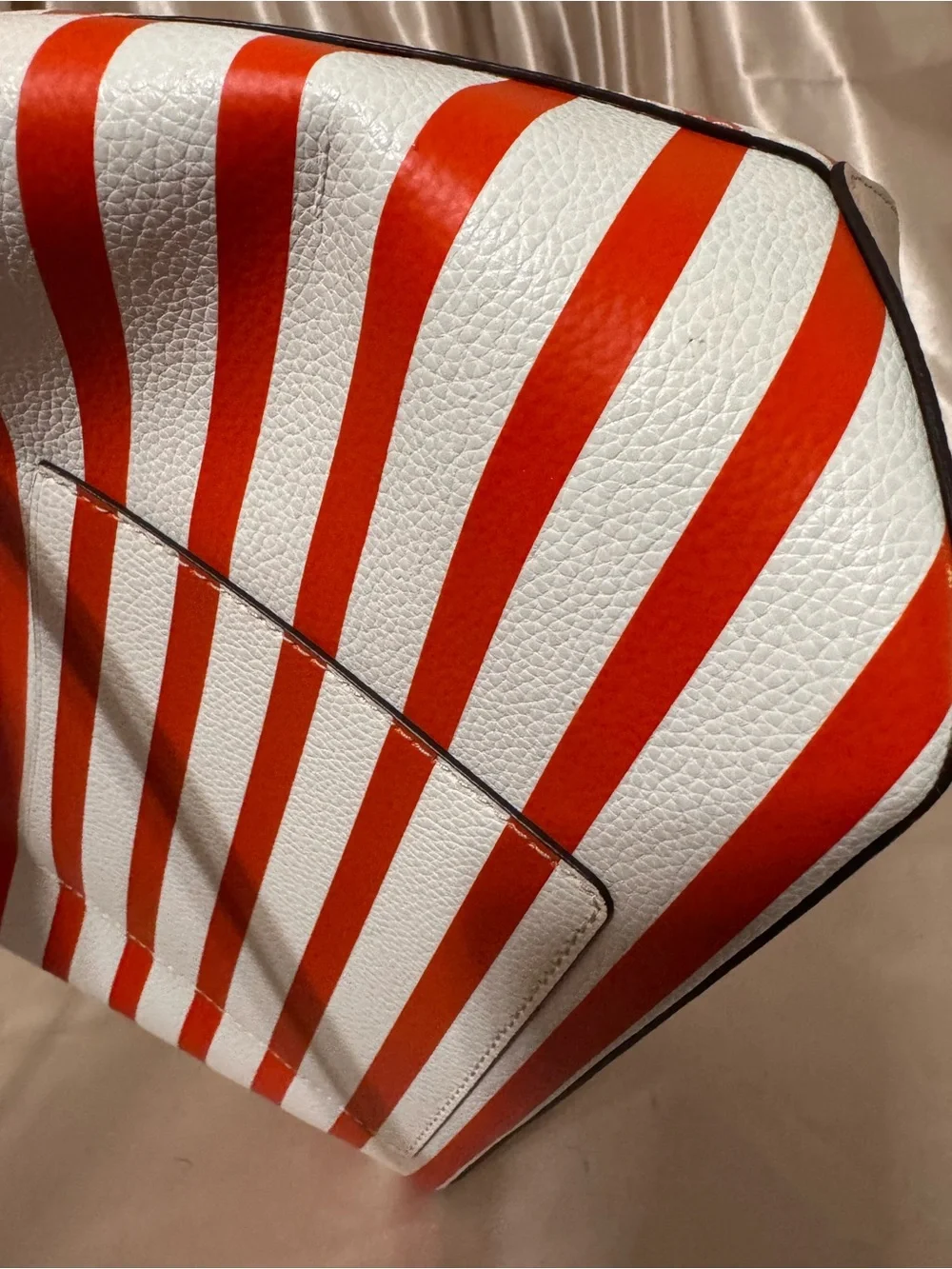 kate spade White, Pink & Red Striped Leather Drawstring Bucket Bag